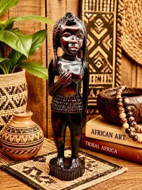 VTG Hand Carved African Woman Sculpture Figure 15.5" Ebony Style Tribal Folk Art